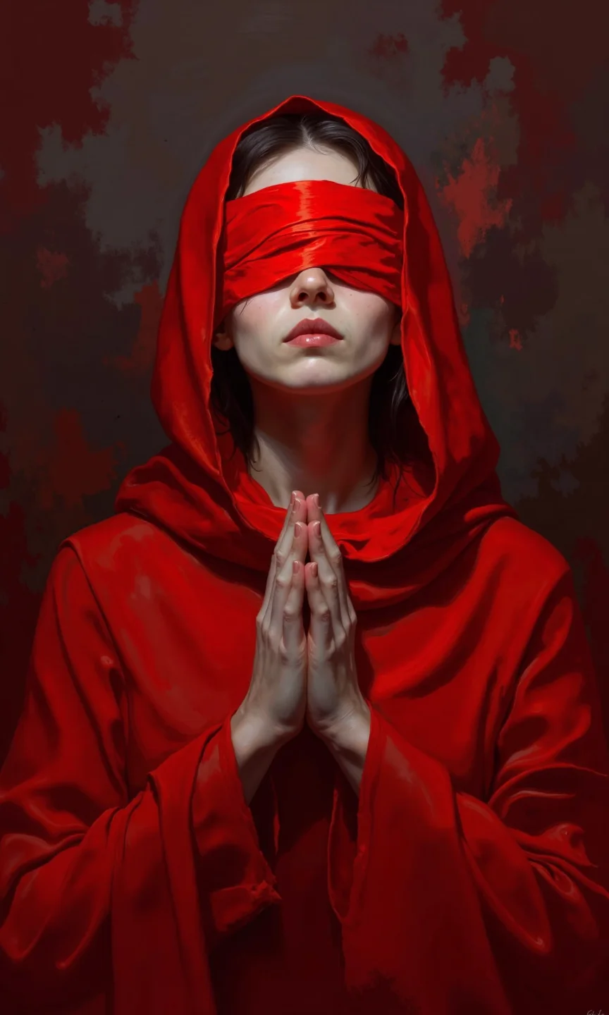 Close-up of a woman, likely a digital painting or illustration. 
Her skin tone is a light, almost grayish undertone, contrasted by the intense red garments and the red cloth covering her eyes. The red cloth obscuring her eyes is folded and layered, creating a textured appearance. Her face is serene, with a thoughtful or contemplative expression.  Her posture suggests a prayerful or meditative stance; her hands are clasped in front of her, as if in prayer or reverence. 
The clothing appears to be a loose, flowing garment, and the color red, in varying shades and tones, is the dominant color of the whole image, creating a dramatic contrast with the darker background shades of gray and black. 
The background is a rich, dark, red-toned gradient, creating an intense but soft dynamic, suggestive of a smoky or fiery atmosphere,  adding to the dramatic effect. Slashes of darker gray tones in the background add contrast to the brighter shades. The overall tone is dramatic and intense, with a focus on the woman's face and hands within the saturated colors., <lora:FLUX-daubrez-DB4RZ-v2:1> DB4RZ, DB4RZ style painting