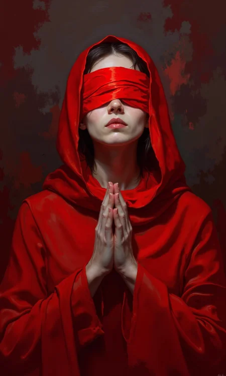 Close-up of a woman, likely a digital painting or illustration. 
Her skin tone is a light, almost grayish undertone, contrasted by the intense red garments and the red cloth covering her eyes. The red cloth obscuring her eyes is folded and layered, creating a textured appearance. Her face is serene, with a thoughtful or contemplative expression.  Her posture suggests a prayerful or meditative stance; her hands are clasped in front of her, as if in prayer or reverence. 
The clothing appears to be a loose, flowing garment, and the color red, in varying shades and tones, is the dominant color of the whole image, creating a dramatic contrast with the darker background shades of gray and black. 
The background is a rich, dark, red-toned gradient, creating an intense but soft dynamic, suggestive of a smoky or fiery atmosphere,  adding to the dramatic effect. Slashes of darker gray tones in the background add contrast to the brighter shades. The overall tone is dramatic and intense, with a focus on the woman's face and hands within the saturated colors., <lora:FLUX-daubrez-DB4RZ-v2:1> DB4RZ, DB4RZ style painting