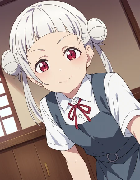 score_9, score_8_up, score_7_up, source_anime, <lora:chisato-arashi-s2-ponyxl-lora-nochekaiser:1>, chisato arashi, long hair, bangs, red eyes, twintails, white hair, blunt bangs, hair bun, double bun,, shirt, dress, ribbon, school uniform, white shirt, short sleeves, collared shirt, red ribbon, neck ribbon, pinafore dress, grey dress, summer uniform, yuigaoka school uniform,, indoors, bent over, smile, smug, looking at viewer, solo,, cowboy shot, dutch angle