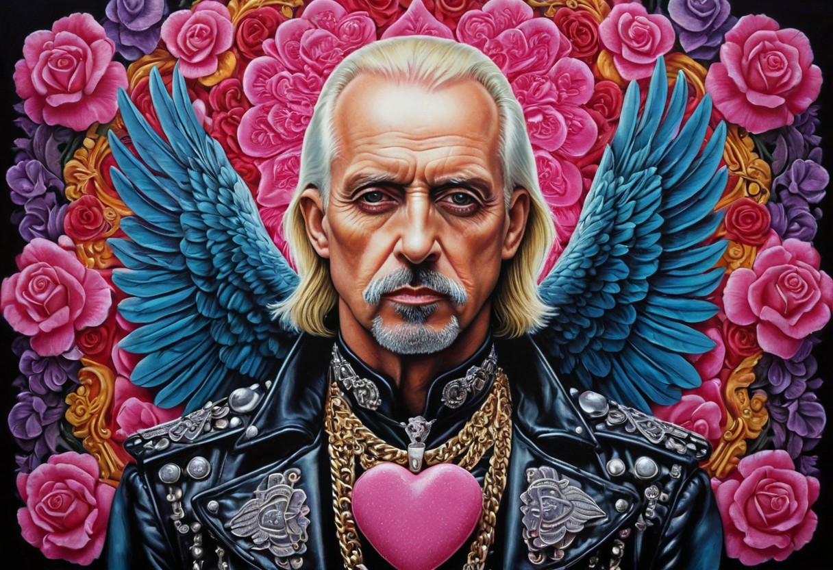 lazypos
Traditional tattoo art print in vibrant glowing colors and retro flair, depicting a surreal symmetrical portrait of Judas Priest's metallic eagle made from candyhearts, Strong moody style, low contrast, complex ornamental details against a plain background, reflecting minimalist environmental art and conceptual memory.