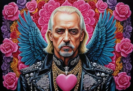 lazypos
Traditional tattoo art print in vibrant glowing colors and retro flair, depicting a surreal symmetrical portrait of Judas Priest's metallic eagle made from candyhearts, Strong moody style, low contrast, complex ornamental details against a plain background, reflecting minimalist environmental art and conceptual memory.