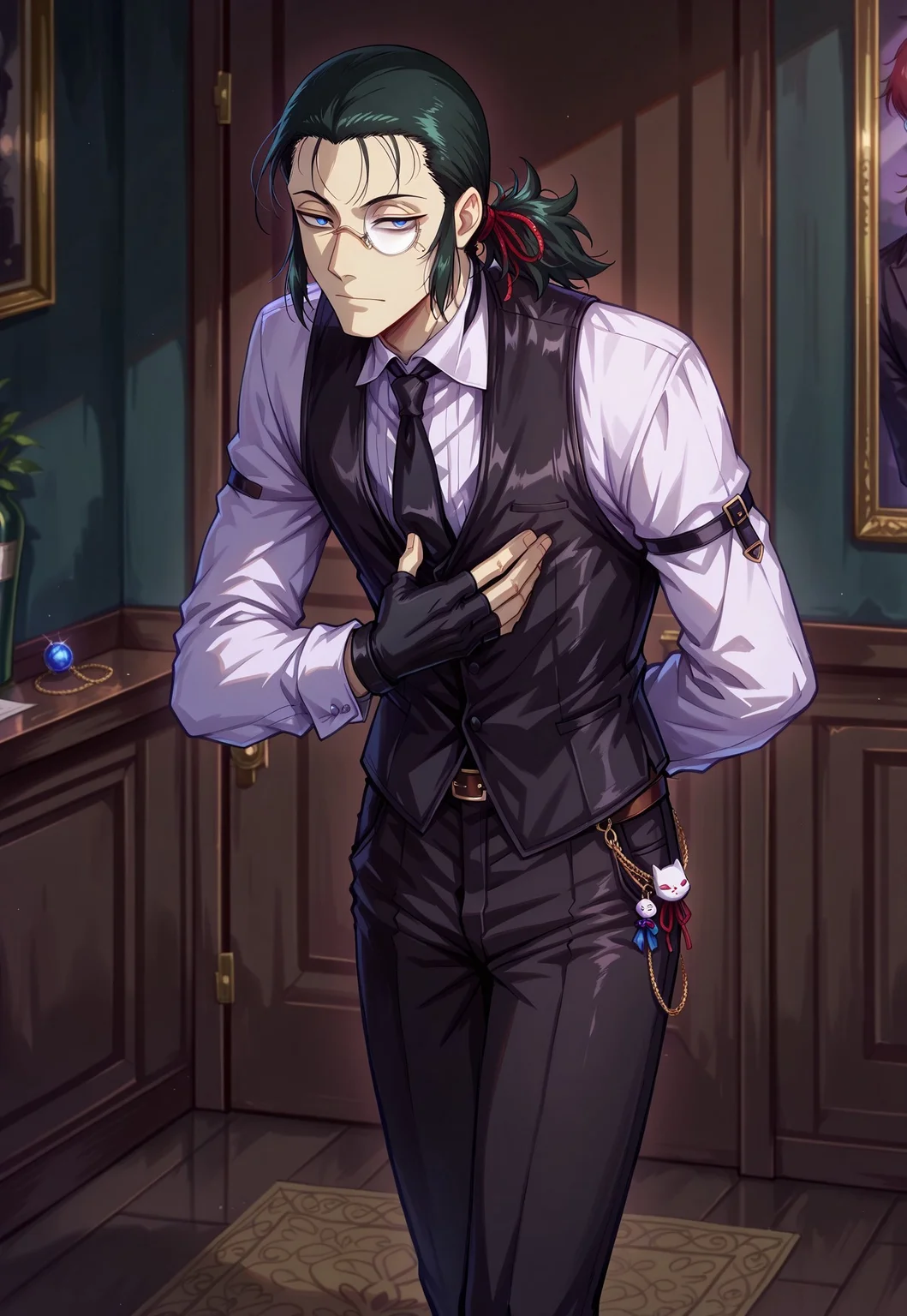 masterpiece, best quality, absurdres, safe
1boy, male focus, butler bowing
<lora:butler_bowing_il_d16:1>,
DarkWalter, blue eyes, black hair, back slicked ponytail, red hair ribbon, monocle, monocle over left eye, black tie, black vest, white shirt, black pants, black shoes, black fingerless gloves, keychain, old english interior design