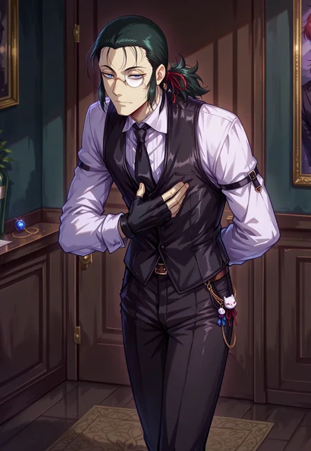 masterpiece, best quality, absurdres, safe
1boy, male focus, butler bowing
<lora:butler_bowing_il_d16:1>,
DarkWalter, blue eyes, black hair, back slicked ponytail, red hair ribbon, monocle, monocle over left eye, black tie, black vest, white shirt, black pants, black shoes, black fingerless gloves, keychain, old english interior design