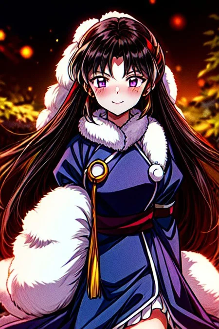 masterpiece, best quality 1girl Setsun4 solo long hair, (night time) forest background black hair very long hair purple eyes multicolored hair armor (fur trim) (medium body),<lora:EMS-179-EMS:0.800000>,<lora:EMS-293862-EMS:0.800000> bow, hair_bow, hair_tubes, red_bow, brown_hair, long_hair, bangs, sidelocks, ascot, brown_eyes, frilled_bow, yellow_ascot, blush, smile, hair_between_eyes