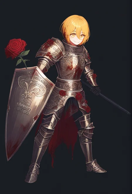 (score_9, score_8_up:1.1), score_7_up, masterpiece, <lora:Don_Quixote_Limbus_Company:1>, DonQuixoteLimbus, DonInquisitor, 1girl, solo, smile, short hair, blonde hair, simple background, holding, hair between eyes, standing, full body, yellow eyes, weapon, flower, holding weapon, armor, heavy armor, plate armor, medieval armor, blood, rose, black background, shield