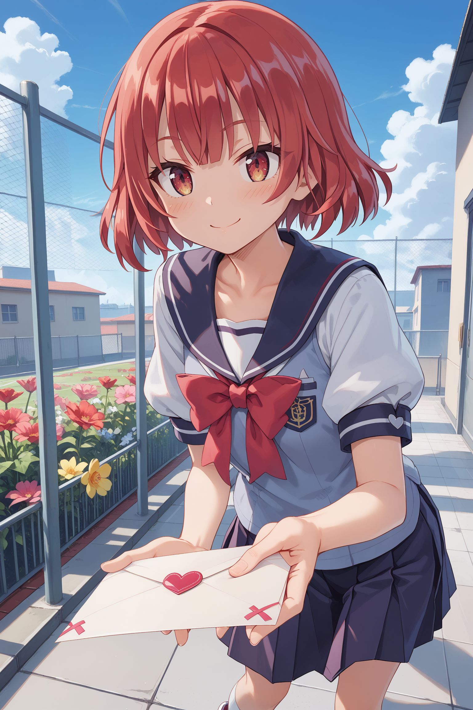 score_max, (score_9, score_8_up, score_7_up:1.0), score_6_up, official art,
, masterpiece, absurdres, high detail, 8k,
school, rooftop, tile floor, net fence, flower, blue sky,
standing, bent over, leaning forward, looking down, reaching towards viewer, holding love letter, two-handed, shy, evil smile, blush,
kurona, red hair, short hair, schoolcos, sailor collar, blue vest, white shirt, puffy short sleeves, pleated skirt, purple skirt, white socks, sneakers,
<lora:XL_Pony_game-galgun2-kurona-t1:0.9>