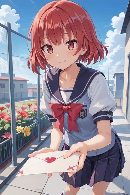 score_max, (score_9, score_8_up, score_7_up:1.0), score_6_up, official art,
, masterpiece, absurdres, high detail, 8k,
school, rooftop, tile floor, net fence, flower, blue sky,
standing, bent over, leaning forward, looking down, reaching towards viewer, holding love letter, two-handed, shy, evil smile, blush,
kurona, red hair, short hair, schoolcos, sailor collar, blue vest, white shirt, puffy short sleeves, pleated skirt, purple skirt, white socks, sneakers,
<lora:XL_Pony_game-galgun2-kurona-t1:0.9>