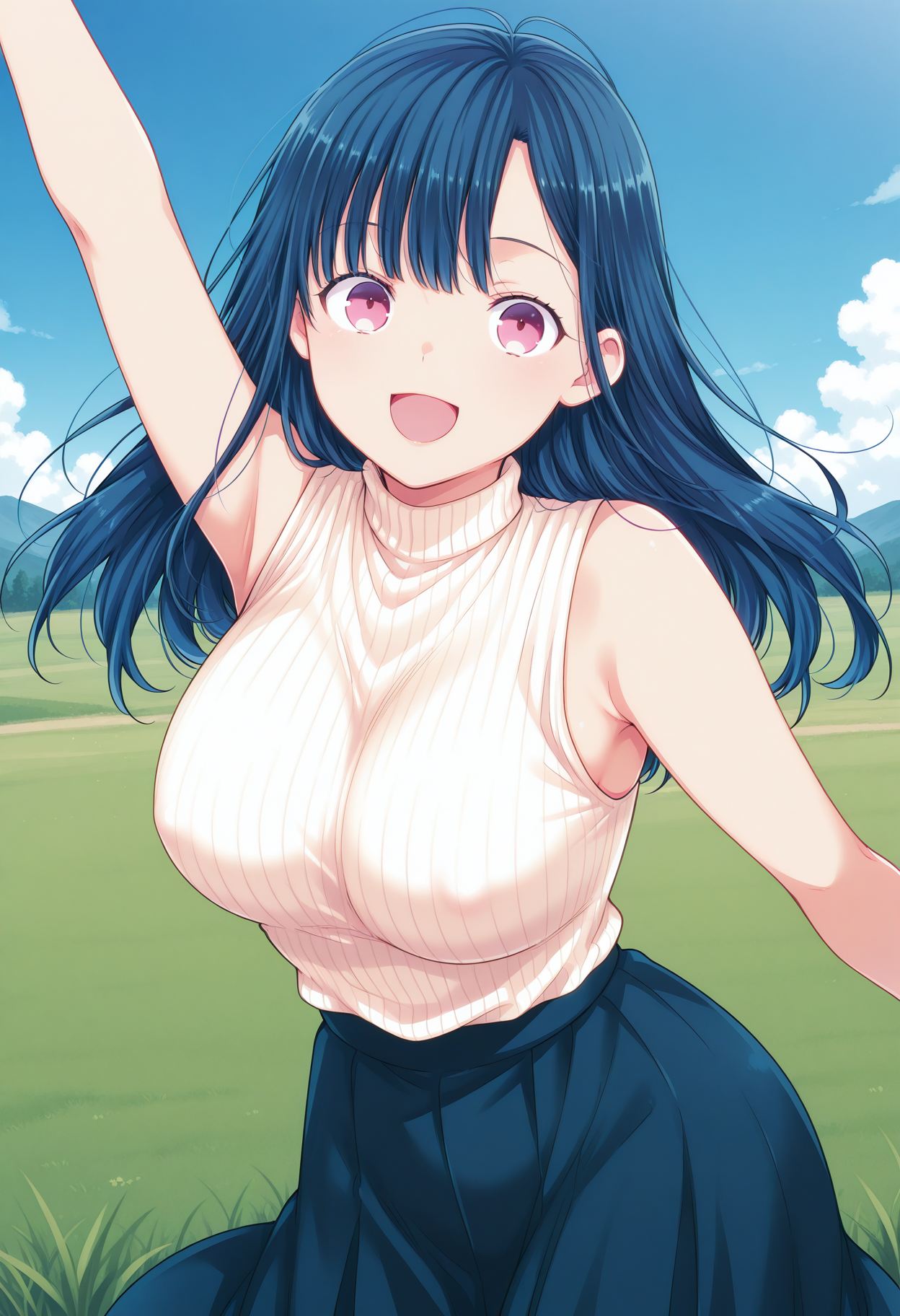 kanemochi_shori, pink eyes, purple eyes, blue hair, long hair, bangs, turtleneck, white sweater, ribbed sweater, sleeveless, blue skirt, <lora:kanemochi_shori_illustrious_ver1:0.8> 
smile, open mouth,, masterpiece, best quality, sensitive,, 1girl, solo, blue sky, (grasslands:1.2), looking at viewer,, (cowboy shot, dynamic pose:1.4),