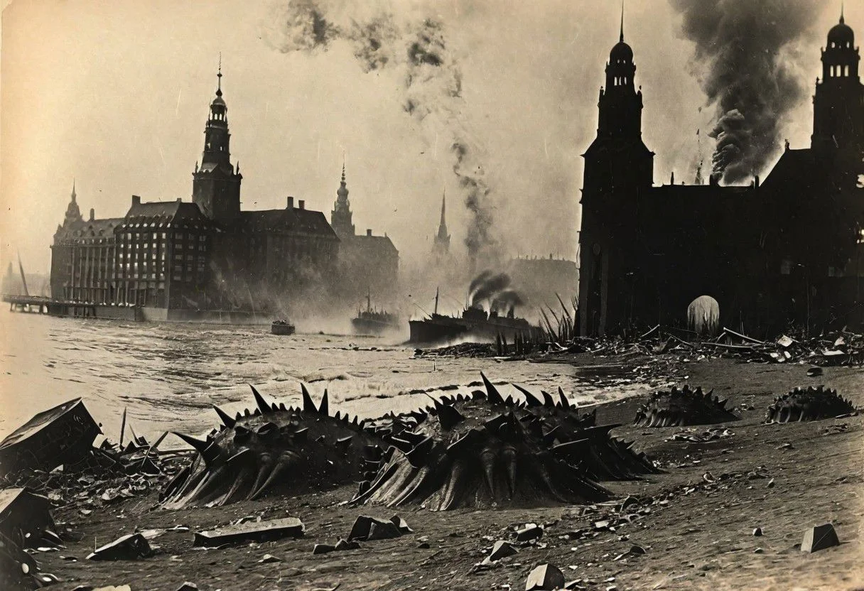 Godzilla on the shore of Hamburg, B&W 35mm vintage photo, WW2 picture, destroyed city backdrop, easynegative, realisticvision-negative-embedding