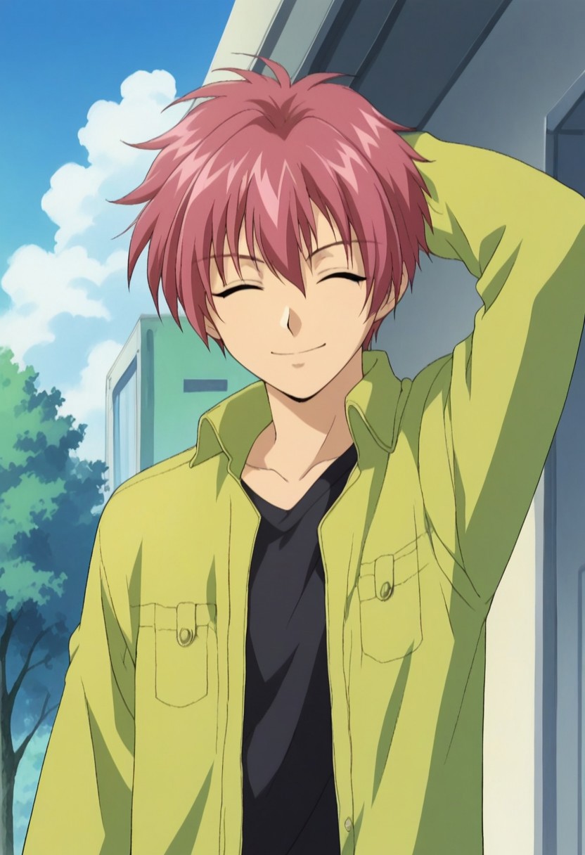 score_9, score_8_up, score_7_up, source_anime, highly detailed, 
ShuichiShindou, solo, closed eyes, smile, male focus, 1boy, shirt, arm behind head, long sleeves, upper body, red hair, ^ ^, short hair, open clothes, arm up, black shirt, jacket, day, green jacket,
outdoor, sky, tree, bulding,