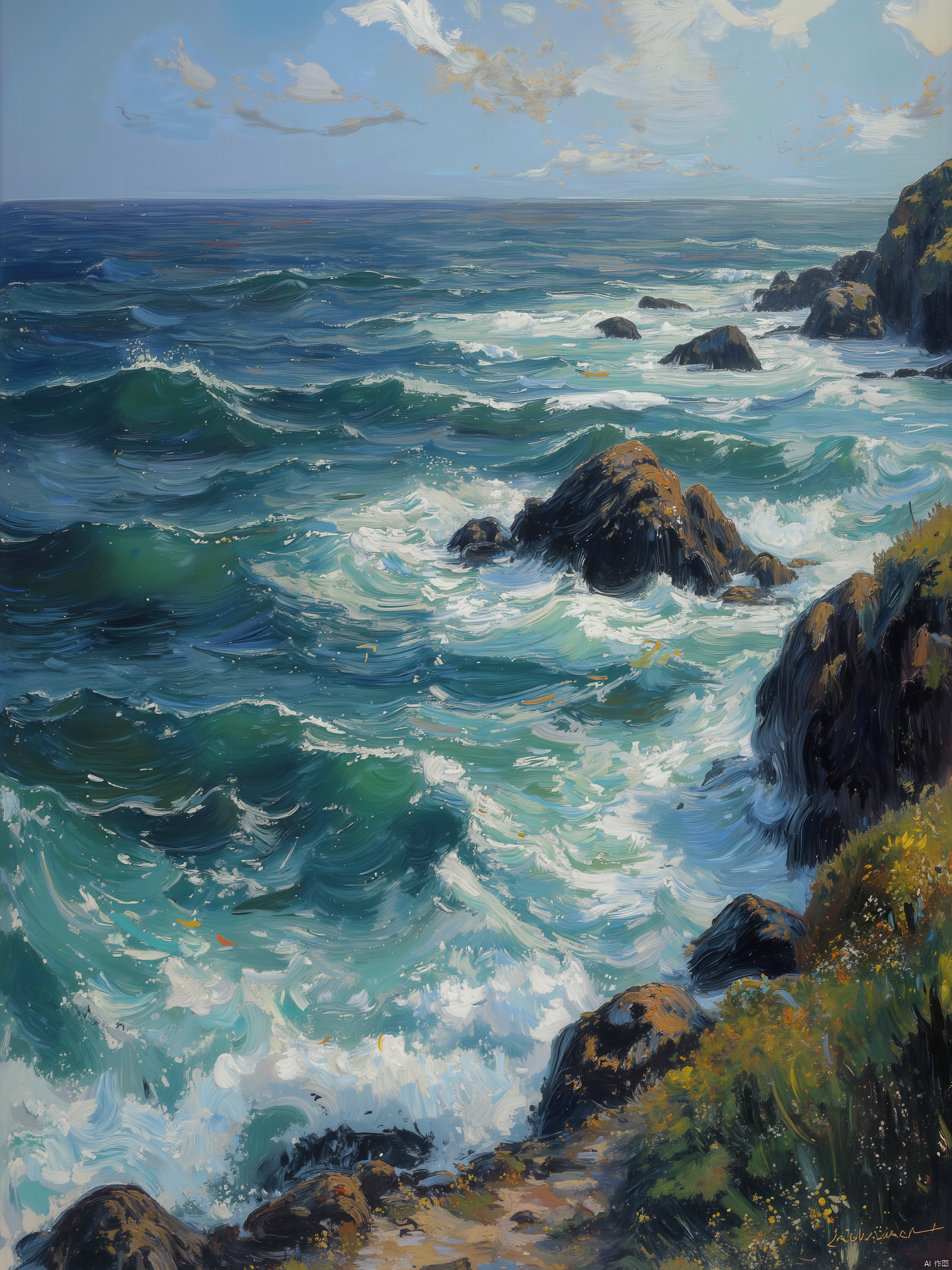 OByouhua,oil painting,
A stunning oil painting isometric room, capturing the raw emotion of a tumultuous sea. The artist's powerful brushstrokes create a dynamic scene, where the rough texture of the canvas mirrors the turbulent waves. The deep blues and greens of the water, mixed with hints of white foam and grey shadows, capture the drama and power of the ocean. The artist's technique gives a sense of depth and movement to the waves, the crashing waves, and the spray, creating a breathtaking landscape filled with raw energy. This oil painting's dynamic perspective and expressive brushwork evoke the raw power and beauty of the sea.