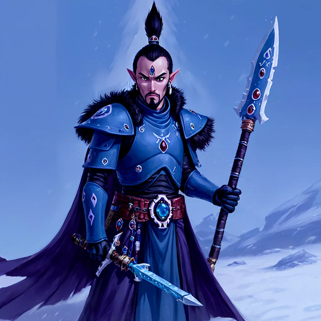 <lora:aeldari_xl_6:1>aeldari, asuryani, standart aeldari, aeldari's cape, solo, black hair, 1boy, holding, weapon, male focus, sky, belt, fur trim, facial hair, polearm, gauntlets, gem, snow, spear, snowing