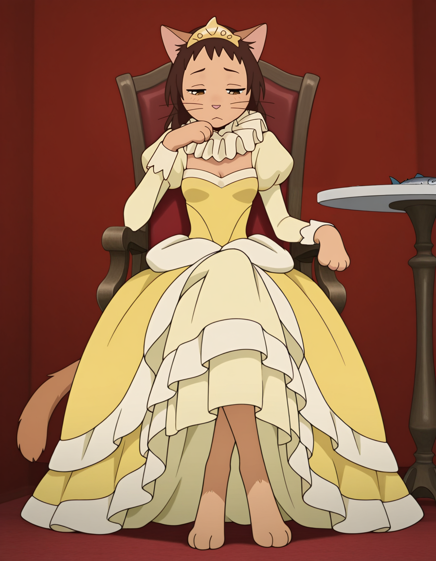 anime screenshot, solo,

Haru yoshioka, 1girl, furry, domestic cat, tan body, yellow dress, gown, tiara, bib collar, frilled collar, paws, digitigrade, fish tiara, whiskers, medium breasts breasts, chest tuft, sitting, crossed legs, hand on own chin, chair, cocktail table, white tail, looking awa, lidded eyes, depressed, brown tail, tail under skirt, puffy sleeves, cleavage, 
