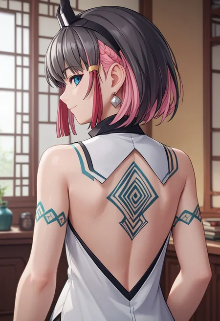 score_4,score_5,score_6,score_7_up,score_8_up,score_9
((masterpiece,best quality,ultra detailed,highres,HD,4k:1.2)),
1 cute girl,girl forcus,
Kirin,multicolored hair,short hair,black hair,pink hair,blue eyes,tattoo,sidelocks,((black head gear,black head ornament)),
((From behind, from the angle behind,Sleeveless, bare shoulders, bare upper arms,white shirt,bareback, backless shirt,shoulder blades,Tattoo on the back)) 
looking at viewer,light smile,smile,looking behind,look back,