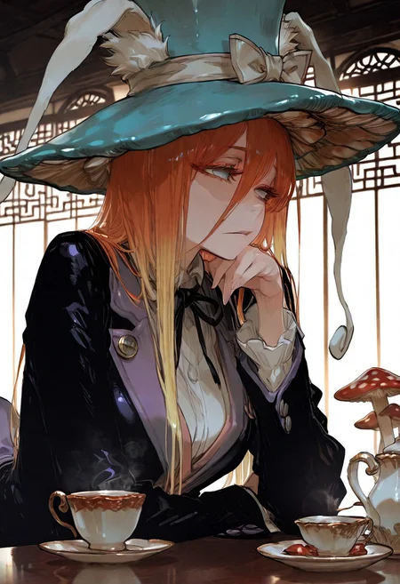 masterpiece, best quality, good quality, newest, highres, absurdres, volumetric lighting,gradient color,
BREAK 
raytracing, volumetric lighting, ambient occlusion, girl, background, masterpiece, best quality, very awa, absurdres, model style, 
BREAK
Mad Hatter, mushroom hat, teacup, suit
BREAK
masterpiece,amazing quality,best quality,ultra-detailed,8K,illustration,CG,shiny hair,clear skin,ultra-detailed-eyes, background,cute girl, eyelashes