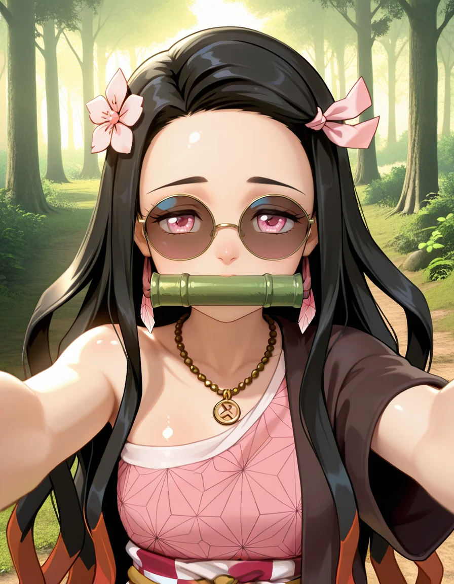 <lora:ZeldaBotWXL_Style:0.25>, botwyei, <lora:CakiiBB_style_ILLUS:0.25>, shiny skin, glossy, detailed skin, <lora:Z_Style:0.25>, 3D, <lora:Sheeps_Styles_-_3D_Inspired:0.25>, sh_style, nimo, 1girl, headband with a pattern, multiple layers of layered necklaces and bracelets, hippie, standing in a forest with soft sunlight filtering through the trees, dreamy and ethereal atmosphere, warm golden light, half-closed eyes, beaded necklace, peace symbol pendant, rings, upper body, feather earrings, hair flower, round eyewear, sunglasses, psycodelic, single bare shoulder, reaching towards viewer, imminent hug, outstretched arms, professional 3d model (masterpiece, best quality, ultra-detailed, absurdres, newest, detailed textures, correct anatomy:1), complex background, <lora:Nezuko1llust:0.7>, kamado nezuko, hair ribbon, long hair, black hair, pink eyes, multicolored hair, bit gag, blunt ends