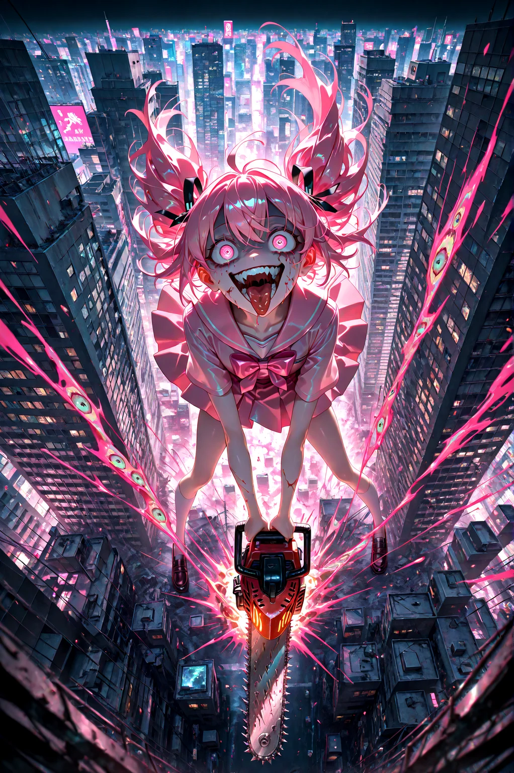 masterpiece, best quality, amazing quality, very aesthetic, absurdres, newest, scenery, volumetric lighting, pink_school_uniform,short_pink_hair, crazy eyes, crazy smile, tongue, from above, dynamic pose, holding_chainsaw, spark, city,<lora:spo_sdxl_10ep_4k-data_lora_webui:1> <lora:holographiccolor:0.85> <lora:USNR STYLE_XL_loha:0.25>