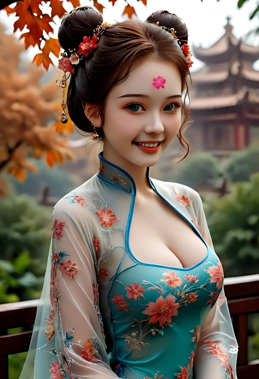 epiCRealism, UHD, 8K, masterpiece, hyperrealistic, realistic, photography, (photorealistic:1.3), realistic skin texture, ray traced, A hyper realistic ultra detailed, ultrarealistic,cute,petite body,perky boobs,slender,innocence, slender_waist,love,tightly cropped composition,detailed and intricate environment, a beautiful and youthful Chinese model, 19 years old, long eyelashes, grin, cleavage, large breasts, floral embroidery pattern wide sleeves, see through chiffon hanfu, moist eyes, hourglass figure, fair skin, hair ornament, hair flower, updo, double bun, absurdly long hair, wavy hair, forehead mark, ((Chinese girl)), slender body, perfect face, exquisite eyes, luscious lips, green eyes, long curly auburn hair, wearing an intricately embroidered vintage Chinese dress in deep burgundy hues,golden hour, setting sun, autumn leaves, high cheekbones, (an expansive field of wildflowers in vibrant purples, pinks, and yellows, stretching towards a distant mountain range silhouetted against the colorful sky background),