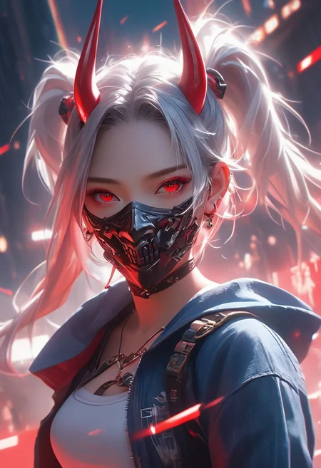 WLOP art style, Digital painting style visual effects, real humans, (Korean girl),  ((((folded double pigtails)))), looking at the audience, female, ((With straight one pair Oni Horns on On the forehead)), (((solo))), Innocent eyes and smile, white hair, short hair, (fluffy very short (spiky pigtails)), ((abs)), ((((navel exposed)))), (Face mask), ((abs)), ((((navel exposed)))), black short Hoodie, red long-sleeved top, tight denim hot pants, long legs, clear face, ruby ​​red eyes, holding a gun, gun in hand, looking up, bright eyes, clarity, movie shot, (full body), complex Details, 8k post-production, faithful and colorful movies,