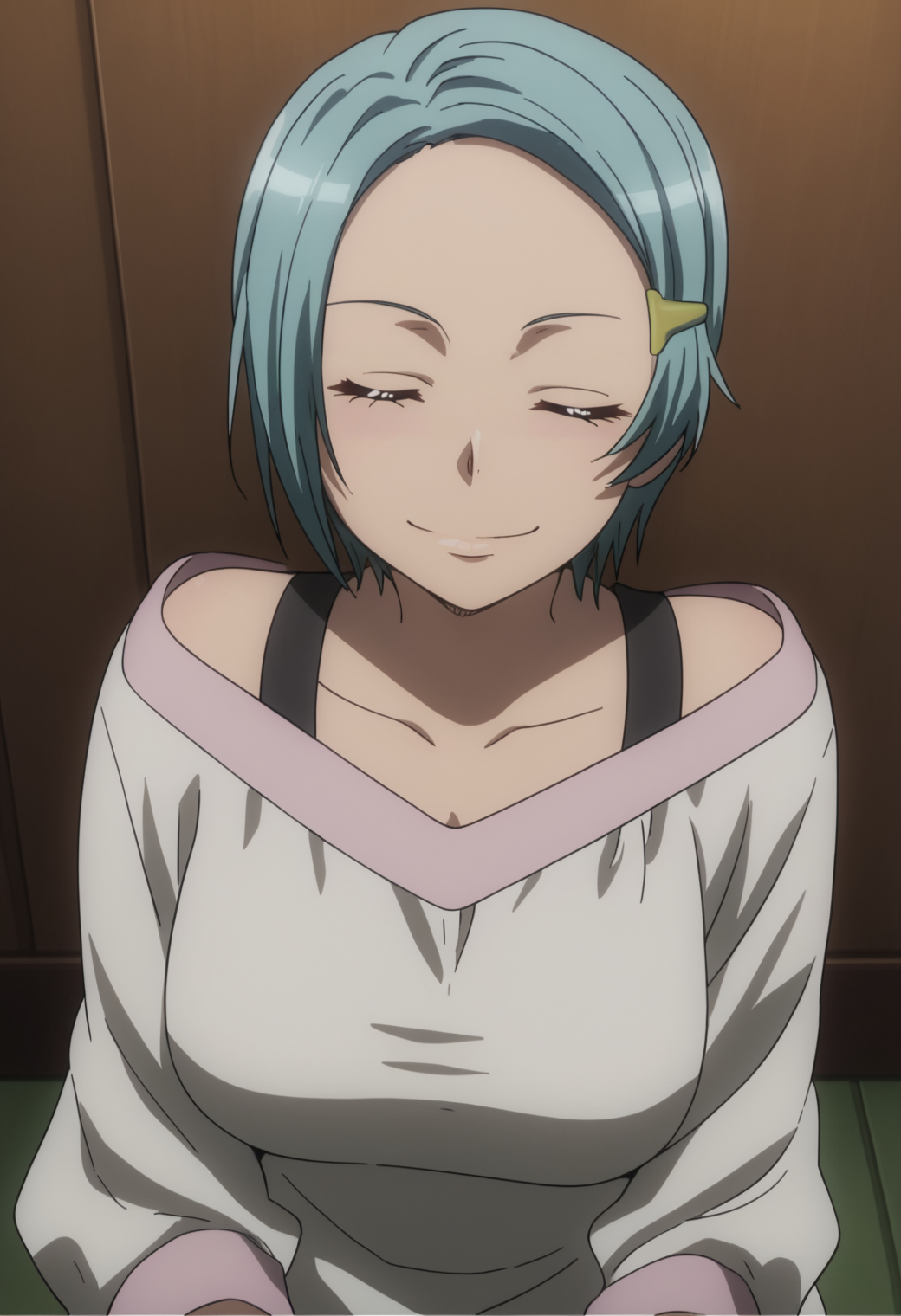 score_9, score_8_up, score_7_up, source_anime, BREAK 1girl, solo,  <lora:DX888Hitomi:1> karuko hitomi, short hair, hairclip, blue hair, dress,   off shoulder, closed eyes,  doyagao, proud, happy, smug, ^ ^,  v-shaped eyebrows, = =, closed eyes,  solo , on ground, on side,  looking at viewer, elbow rest,
