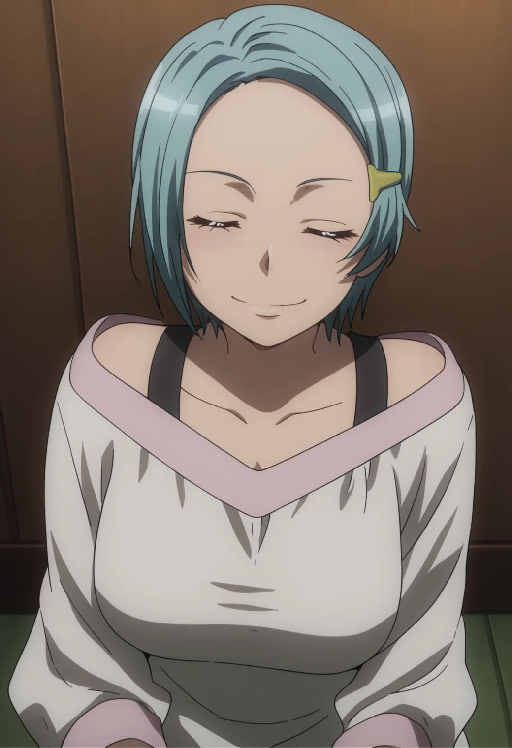 score_9, score_8_up, score_7_up, source_anime, BREAK 1girl, solo,  <lora:DX888Hitomi:1> karuko hitomi, short hair, hairclip, blue hair, dress,   off shoulder, closed eyes,  doyagao, proud, happy, smug, ^ ^,  v-shaped eyebrows, = =, closed eyes,  solo , on ground, on side,  looking at viewer, elbow rest,