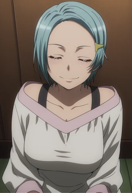score_9, score_8_up, score_7_up, source_anime, BREAK 1girl, solo, <lora:DX888Hitomi:1> karuko hitomi, short hair, hairclip, blue hair, dress, off shoulder, closed eyes, doyagao, proud, happy, smug, ^ ^, v-shaped eyebrows, = =, closed eyes, solo , on ground, on side, looking at viewer, elbow rest,