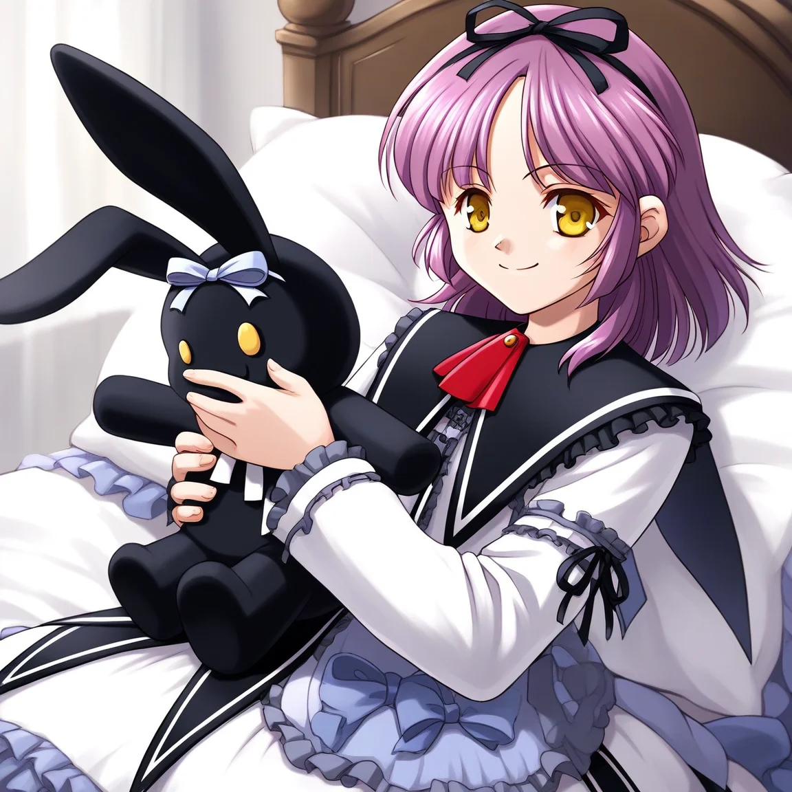 score_9, score_8_up, score_7_up, source_anime, rating_explicit, BREAK <lora:Renne_Bright_XL:1> Renne_Bright, purple hair, medium hair, yellow eyes, hair ribbon, black ribbon,
1girl, solo, dress, stuffed toy, stuffed animal, smile, ribbon, stuffed bunny, bow, frills,
black rabbit, red ascot, long sleeves, gothic fashion, white dress
bed room,
