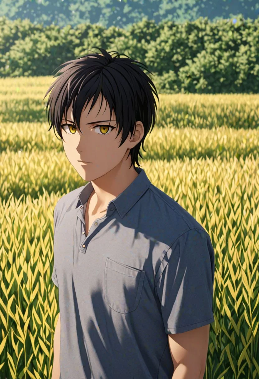 (4k), extremely detailed, hyper detailed, high resolution, professional photography, best quality, 1boy, solo, male focus, easynegative, Sasuke Tsubaki, Black Hair, outdoor, 3/4 body, casual, yellow eye