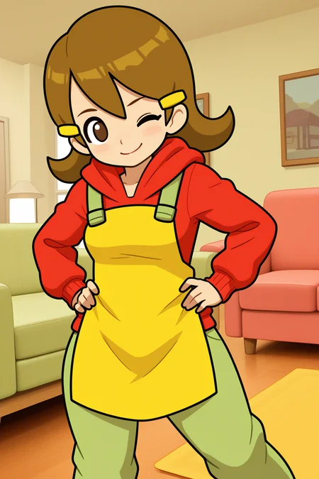 masterpiece, best quality, amazing quality, 5volt, solo, brown hair, hairclips, red hoodie, yellow apron, green pants, smile, closed mouth, looking at viewer, hands on hips, wink, one eyes closed, indoors, living room, couch