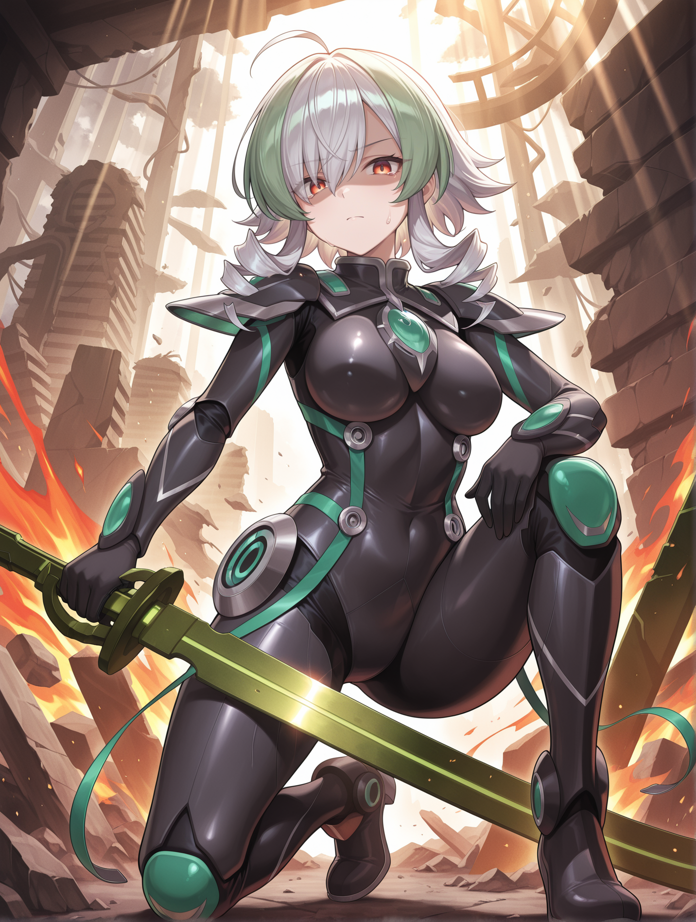 1girl,sky striker ace - camellia,holding green katana,green katana,solo,full body,looking at viewer,standing,light rays,science fiction,black battle costume,ruins,fire,on one knee,sweatdrop,serious,shaded face,single tear,
masterpiece,best quality,amazing quality,very aesthetic,absurdres,newest,<lora:sky striker ace - camellia and azalea illusXL v2:0.75>,
