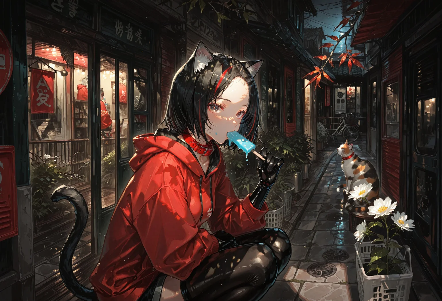 1rregular_b0, hyperdetailed_bg, (realistic_bg:1.2, su22eal_bg:1.2), (full_bg:1.1), (outdoors, rural japan, branch, leaf, white flower, storefront, windchime, balcony, night), (detailed background),
(1girl, catgirl, solo, squatting, look at viewer, eating, popsicle), ((modernstyle:1.2), red hoodie, cat_ears, cat tail, black latex elbow gloves, red collar, black shorts, black stockings), ((great anatomy, correct anatomy, akariL, short hair, black hair, wide forehead, red_streaked_hair, greenish_grey_pupils, red_iris, small breasts)),
(very_wide_shot, upperbody),
((best quality, absurdres, amazing quality, HD, intricate, ultra-detailed, newest, visual impact, very aesthetic, high contrast, eye_focus)), 4K, detailed facial features, detailed clothing features, detailed texture
