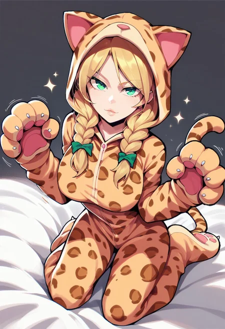 score_9, score_8_up, score_7_up, score_6_up, austr, anime, masterpiece, kitty onesie, animal costume, hood, tail, solo, leopard print, cat costume, animal print, perfect face, perfect eyes, 4ng3l face, 1girl, sexy girl, (pouty lips), full lips, mai sakurajima, large breasts, braided pigtails, long hair, bangs, blonde, green eyes, looking at viewer, solo, sexy, glamor, sexy pose, flirty, seductive, seductive expression, horny, aroused, naughty face, motion lines, on bed, kneeling, cat paw hands, paw pose, soft shading, clean lines