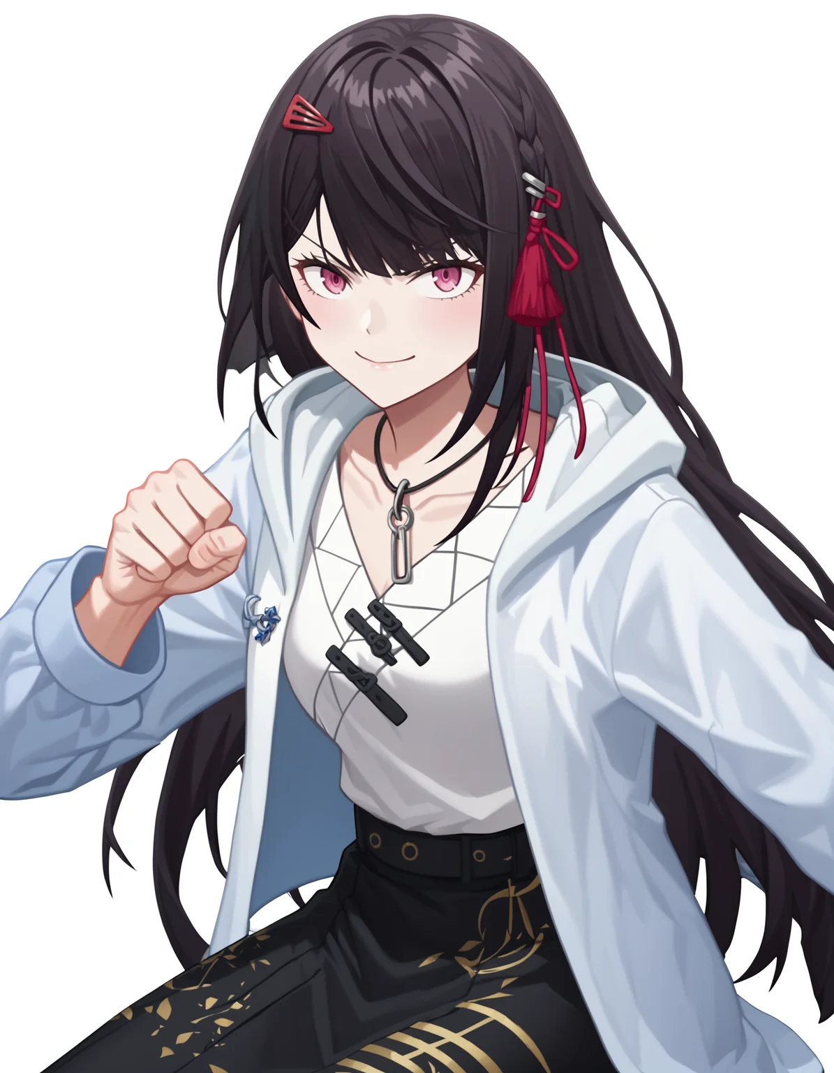 score_9,score_8_up,score_7_up,
simple background,white background,looking at viewer,smile,skirt,black skirt,punching,fist,sitting,<lora:yanzhen_pony:0.6>,glcyanzhen,1girl,solo,hair ornament,long hair,jacket,necklace,bangs,jewelry,pink eyes,black hair,long sleeves,hood,<lora:Anime_Screencap:1>,anime screencap,