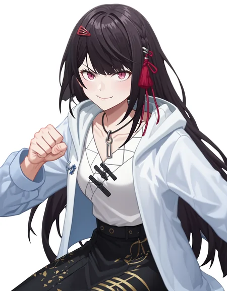 score_9,score_8_up,score_7_up,
simple background,white background,looking at viewer,smile,skirt,black skirt,punching,fist,sitting,<lora:yanzhen_pony:0.6>,glcyanzhen,1girl,solo,hair ornament,long hair,jacket,necklace,bangs,jewelry,pink eyes,black hair,long sleeves,hood,<lora:Anime_Screencap:1>,anime screencap,