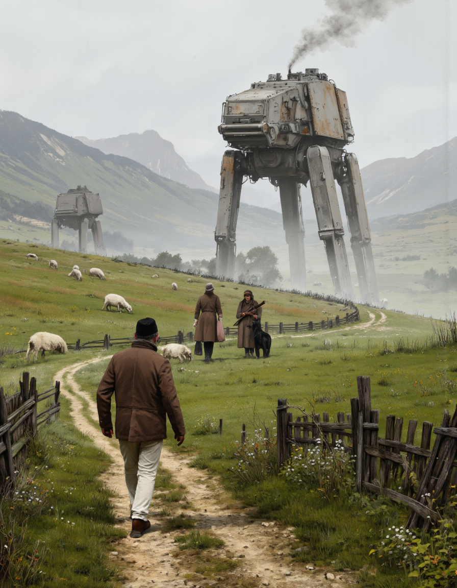 By Jakub Rozalski. A digital illustration shoot from the side about a post-apocalyptic scene featuring a group of people and a large robot in a mountainous landscape. the scene is set in a foggy, misty environment with rolling hills and distant mountains in the background. on the left side of the image, a man wearing a brown jacket, white pants, and a black hat is walking away from the camera. he appears to be in his mid-twenties, with a serious expression on his face. to his right, a woman wearing a long brown coat and a hat is standing with her back to the viewer, looking over her shoulder. she is accompanied by a black dog. to her left, another man is walking behind her, holding a rifle in his hand. in the distance, a large, rusted, metal AT-AT walker stands tall, emitting smoke into the air. the ground is covered in lush green grass and wildflowers, and there are a few sheep grazing nearby. a wooden fence surrounds the scene, and the overall atmosphere is somber and desolate.