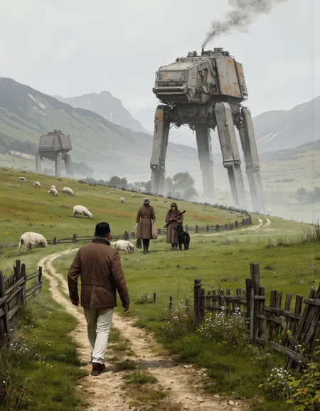 By Jakub Rozalski. A digital illustration shoot from the side about a post-apocalyptic scene featuring a group of people and a large robot in a mountainous landscape. the scene is set in a foggy, misty environment with rolling hills and distant mountains in the background. on the left side of the image, a man wearing a brown jacket, white pants, and a black hat is walking away from the camera. he appears to be in his mid-twenties, with a serious expression on his face. to his right, a woman wearing a long brown coat and a hat is standing with her back to the viewer, looking over her shoulder. she is accompanied by a black dog. to her left, another man is walking behind her, holding a rifle in his hand. in the distance, a large, rusted, metal AT-AT walker stands tall, emitting smoke into the air. the ground is covered in lush green grass and wildflowers, and there are a few sheep grazing nearby. a wooden fence surrounds the scene, and the overall atmosphere is somber and desolate.