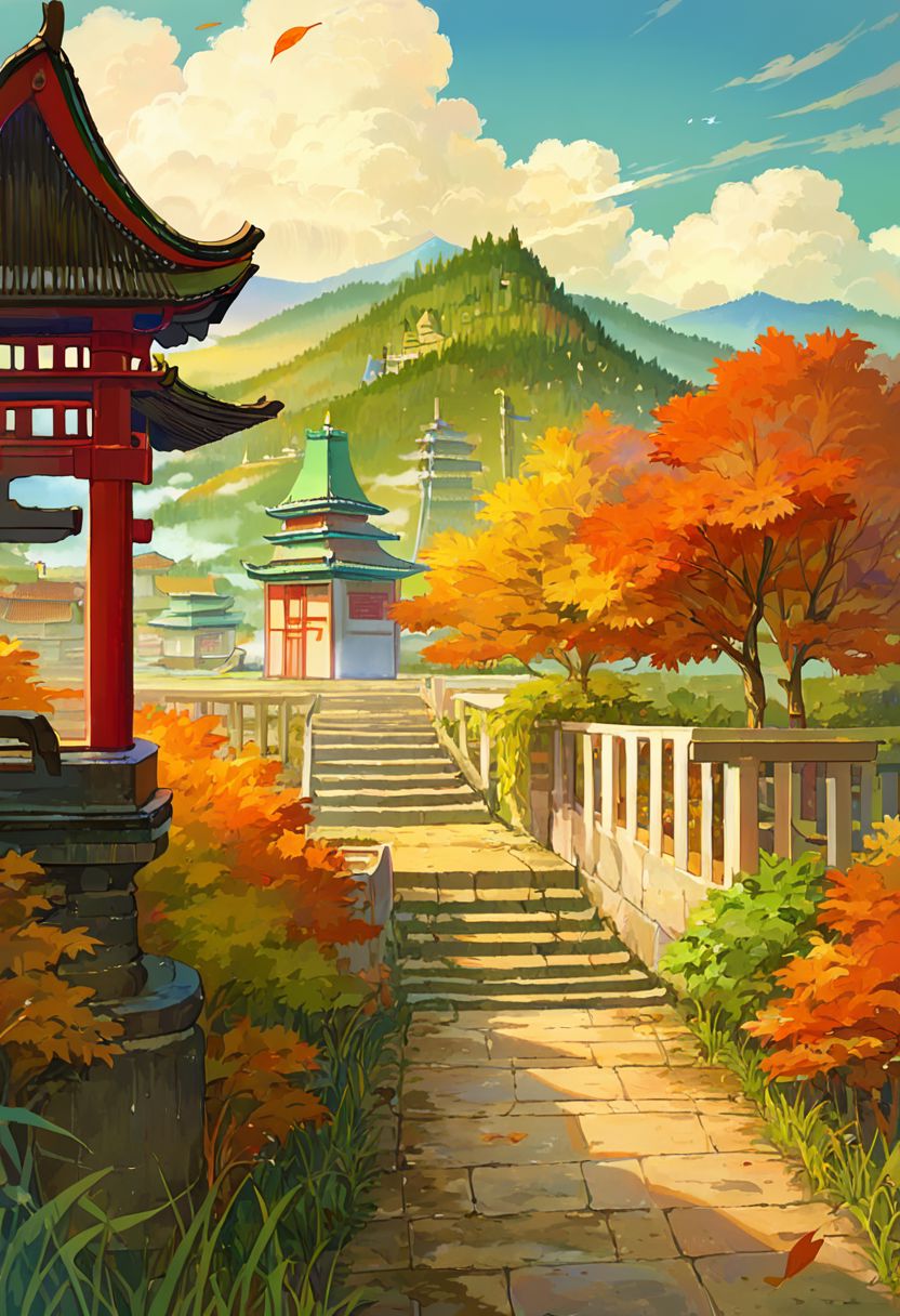 score_9, score_8_up, score_7_up, BREAK
scenery, landscape, tile wall, fog, grass, window, building, stucco, path, outdoors, tree, east asian architecture, no humans, dirt, autumn leaves, architecture, blue sky, bush, castle, plant, pagoda, sky, wall, stairs, town, nature, cloudy sky, mountain, light, green theme, cloud, stone wall, entrance