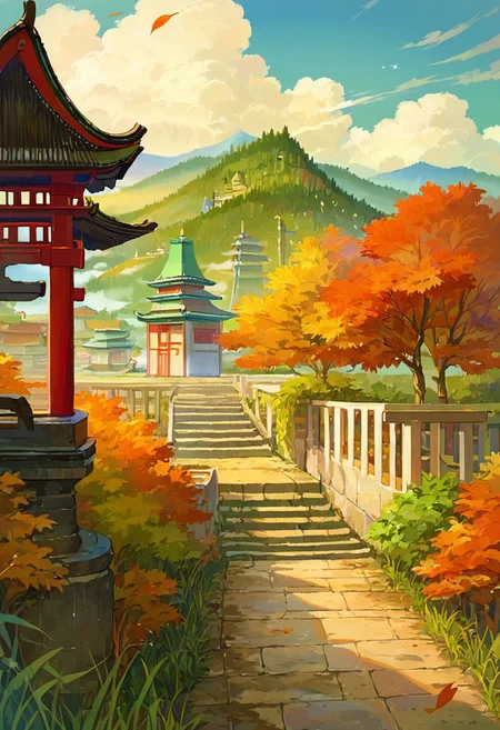 score_9, score_8_up, score_7_up, BREAK
scenery, landscape, tile wall, fog, grass, window, building, stucco, path, outdoors, tree, east asian architecture, no humans, dirt, autumn leaves, architecture, blue sky, bush, castle, plant, pagoda, sky, wall, stairs, town, nature, cloudy sky, mountain, light, green theme, cloud, stone wall, entrance