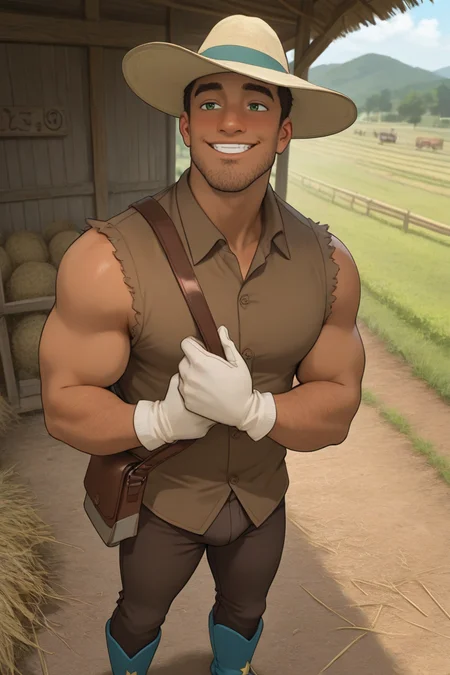 expressive manly face, shadow, dynamic angle, atmospheric perspective, intricately detailed, depth of field, masterpiece, best quality, amazing quality, very aesthetic, absurdres, newest, very awa, 1boy, make focus, solo,coralkenny,dark skin,brown hair,green eyes,hat, pubic hair, (penis bulge:0.75), farm, facial hair, stubble, brown shirt, collared shirt, sleeveless, brown pants, blue boots, white gloves, bag, smile,