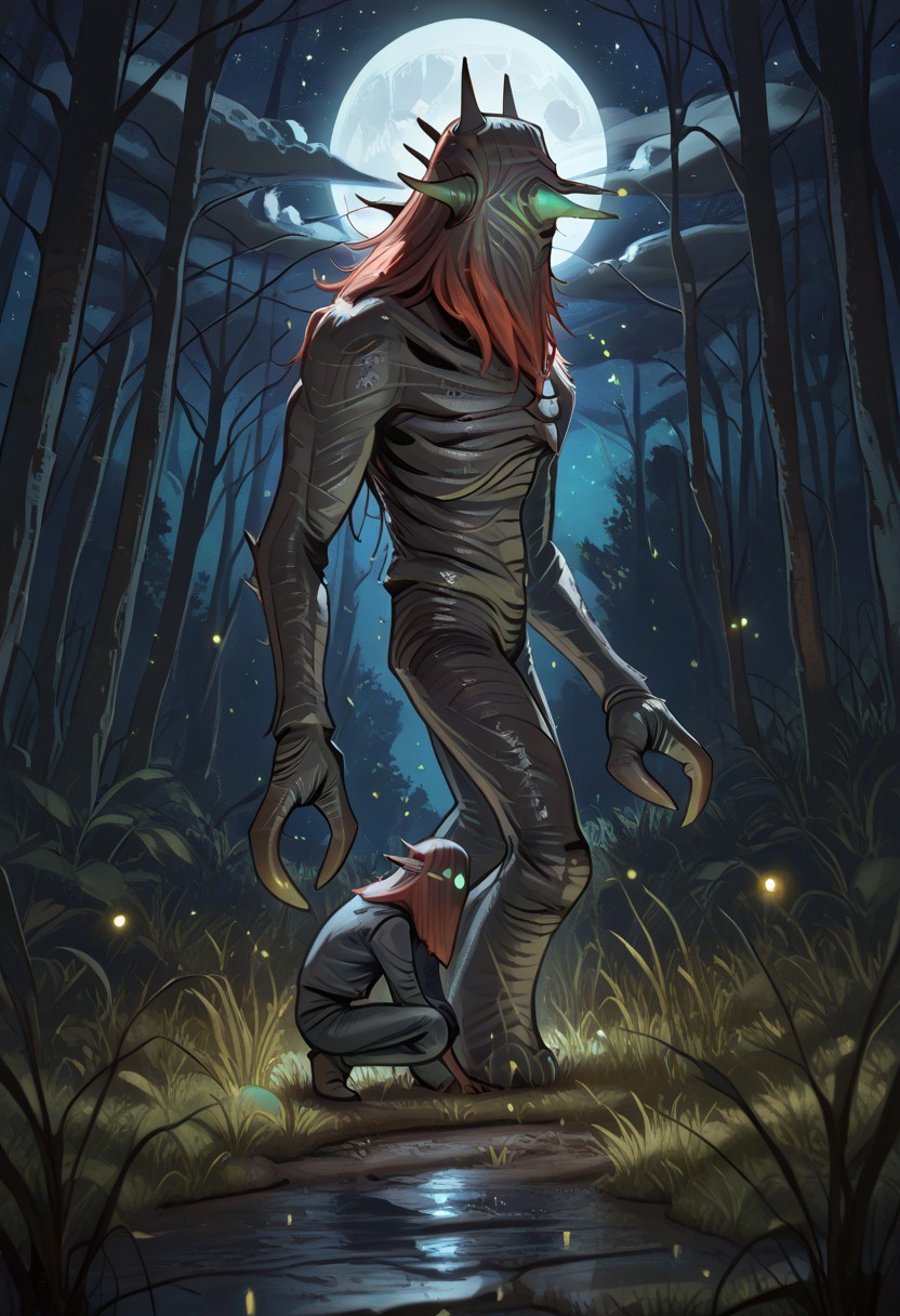 masterpiece,best quality,amazing quality,very aesthetic,absurdres,newest, huge filesize, absurd res, 
pascaH, no face, monster, grey skin, wrinkly body, horns, full body, side view, claws, forest, nighttime, stars, moon, trees, clouds, grass, fireflies, beautiful, glowing, scenery, spooky, woman with green eyes and red hair caught by creature,
