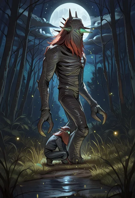 masterpiece,best quality,amazing quality,very aesthetic,absurdres,newest, huge filesize, absurd res,
pascaH, no face, monster, grey skin, wrinkly body, horns, full body, side view, claws, forest, nighttime, stars, moon, trees, clouds, grass, fireflies, beautiful, glowing, scenery, spooky, woman with green eyes and red hair caught by creature,