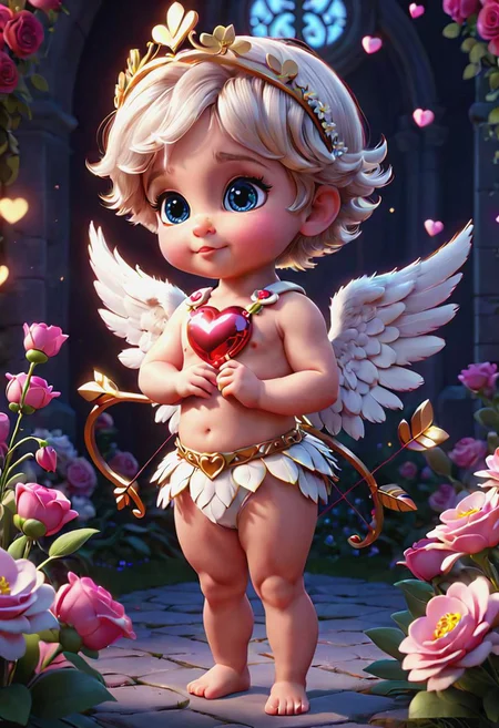 pltn style, Lovely little cupid with his bow, flowers, hearts, cute big circular reflective eyes, Pixar render, unreal engine cinematic smooth, intricate detail