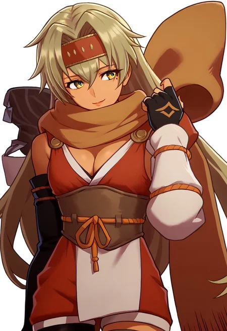 score_9, score_8_up, score_7_up, source_anime BREAK 1girl, solo, <lora:zs_EngagePortraitsXL:1> engageportraits, portrait, white background
, <lora:IgreneFE-pdxl:1> ninIgrene, long hair, headband, mole under eye, dark-skinned female, ninja, cleavage, brown scarf, black elbow gloves, fingerless gloves, single sleeve, single arm guard, thigh strap, smile