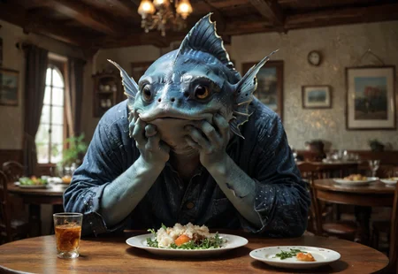 Score_7_up, score_8_up, re_an, realistic, photo, scene, dynamic, solo, solo male, low angle,
BREAK,
1boy, Fish, piscine, blue skin, fins, sitting at table, head in hands, plate of food, food on plate, over table, head tilt, tilted head,
Indoors, cozy, slice of life,