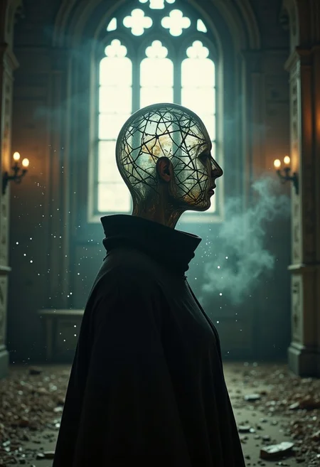 Photo in the style of ck-ncr, a cinematic close-up of a faceless goddess in a crumbling, gothic cathedral suspended in twilight. Her high-collared cloak is draped with ethereal, smoke-like tendrils that seem to defy gravity, fading into the dim light. The translucent shell of her head houses a network of delicate stained glass fragments, refracting hauntingly beautiful patterns of light and shadow onto the ancient stone walls. A faint choir of disembodied voices seems to emanate from her core, adding an auditory layer to the solemn, spiritual ambiance. Dust particles float in the shafts of light piercing through the shattered windows, framing her as a forgotten deity of endless knowledge and sorrow.