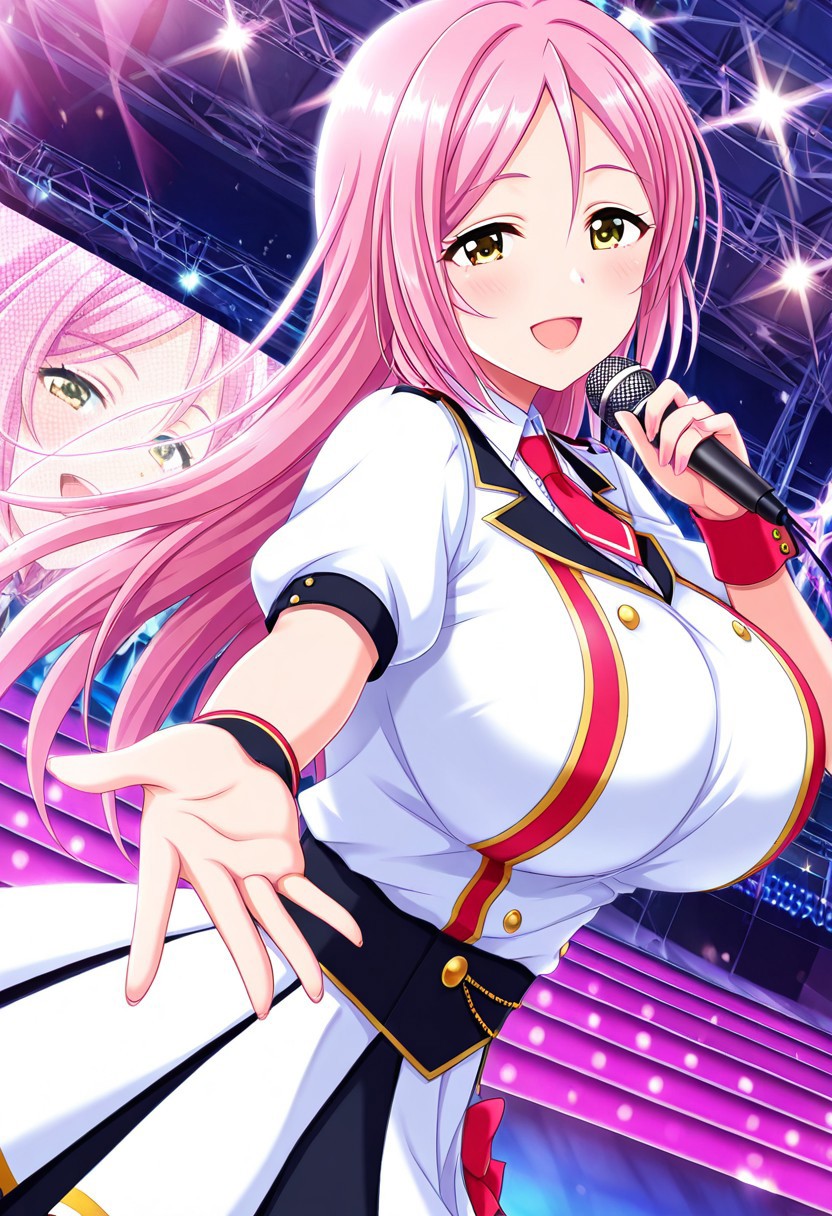 general,highres, ultra-detailed,very aesthetic,best quality ,best hands,best eyes,easynegative,
dynamic anglre, dutch angle, anime cloring,anime screencap,
1girl solo,looking at viewer,on stage,concert hall,open mouth,smile,dancing,
Momoka Aizawa,pink hair,long hair,huge breasts,yellow eyes,idol costume,