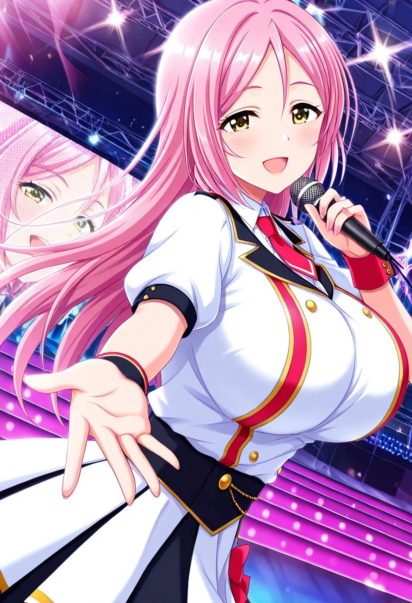 general,highres, ultra-detailed,very aesthetic,best quality ,best hands,best eyes,easynegative,
dynamic anglre, dutch angle, anime cloring,anime screencap,
1girl solo,looking at viewer,on stage,concert hall,open mouth,smile,dancing,
Momoka Aizawa,pink hair,long hair,huge breasts,yellow eyes,idol costume,