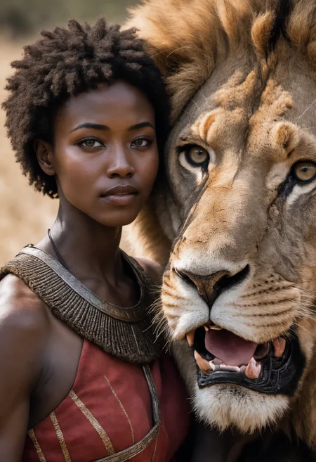 Eye contact with a black 20-year-old woman warrior with short hair in a masai costume petting a male lion's mane in the savanna, sharply chiseled face, highly detailed skin, detailed lion eyes, pitch black skin <lora:polyhedron_all_sdxl-000004:0.35> <lora:xl_more_art:0.35> <lora:sd_xl_offset_example-lora_1.0:0.25> <lora:lora-sdxl-perfect-eyes:0.55>