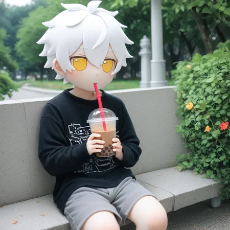 score_9_up, score_8_up, score_7_up, fumo, fumos, plushie, cute, toys, dolls, toy, fumo style, Fumo plush doll, fumo \(doll\), white hair, yellow eyes, park, holding, bubble tea, black sweater, gray shorts, 1boy, solo
