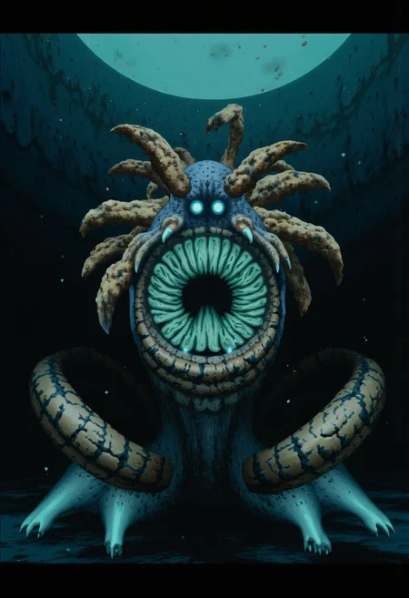 b3rs3rk first person d4concept pov, 3D01S, simple background d4artstyle atmospheric and powerful MikeFranchinastyle dark fantasy, natural organic and first person pov of a berserk style creature A Tsutomu Nihei style
deep-sea eel creature with biomechanical aesthetic, translucent ghostly-blue flesh revealing internal structures. Enormous circular maw filled with concentric rings of crystalline teeth, multiple rows deep. Massive lidless eyes with bioluminescent glow, surrounded by broad fin-like sensory organs resembling gothic architecture. Serpentine body with segmented bone-like plating and ethereal membrane fins undulating along length. Vestigial arms ending in sharp bio-mechanical pincers, legs with six webbed claws emerging from scaled hide. Skin texture transitions between translucent blue membrane and armored plates with muddy brown base and intricate patterns of black and tan speckles. Underwater lighting creating ethereal glow effects and deep shadows, light filtering through membranous parts of body. Air bubbles and particles floating around creature suggest massive scale. Background features deep ocean darkness with subtle bioluminescent elements.
UHD letterboxed game trailer frame chromatic aberration dark atmosphere sharp masterpiece with a focus on the character, elden ring style, dark atmosphere, chromatic aberration